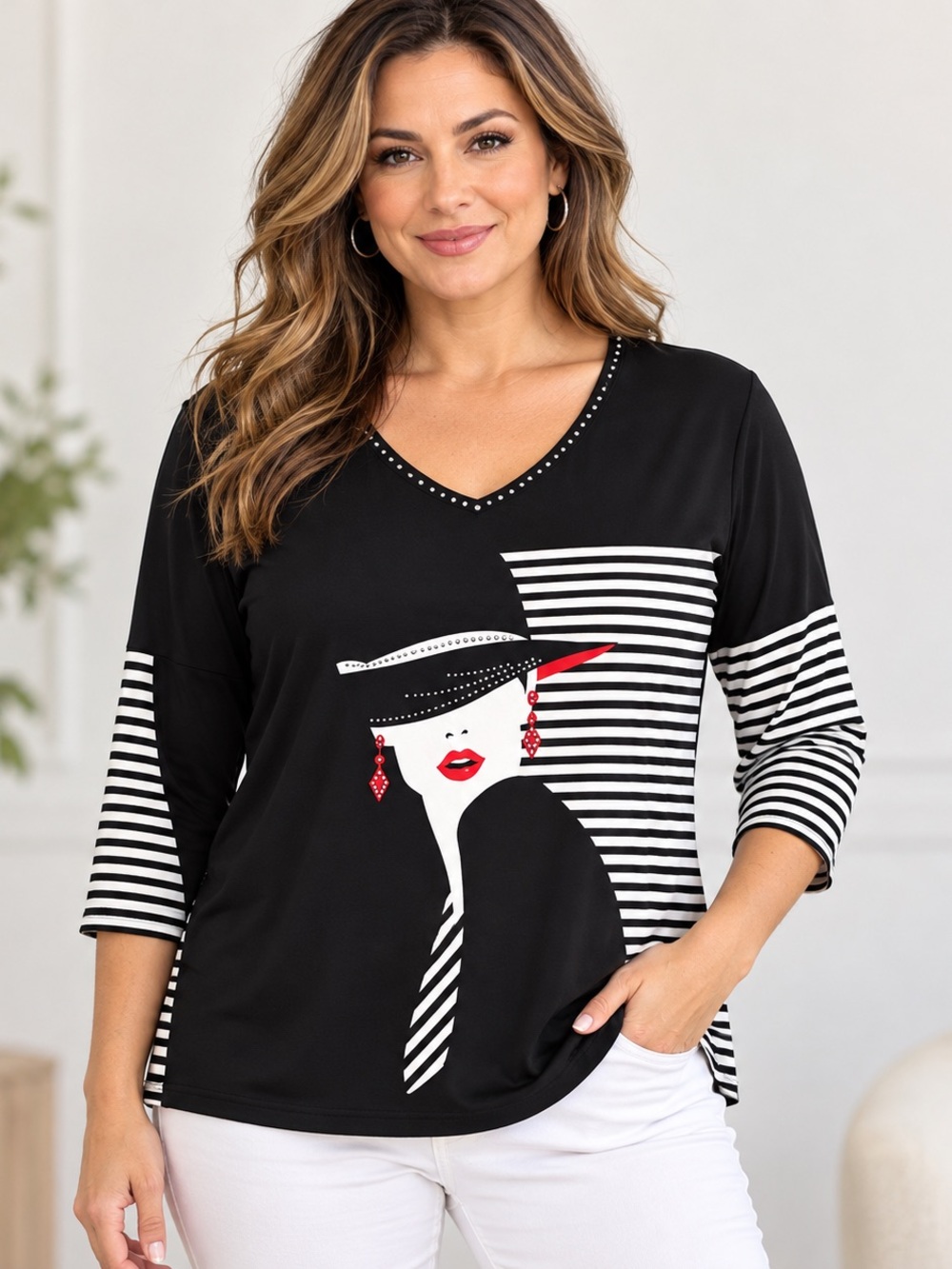 Valentina Black Long Sleeve V-Neck Top with Red and White Graphic